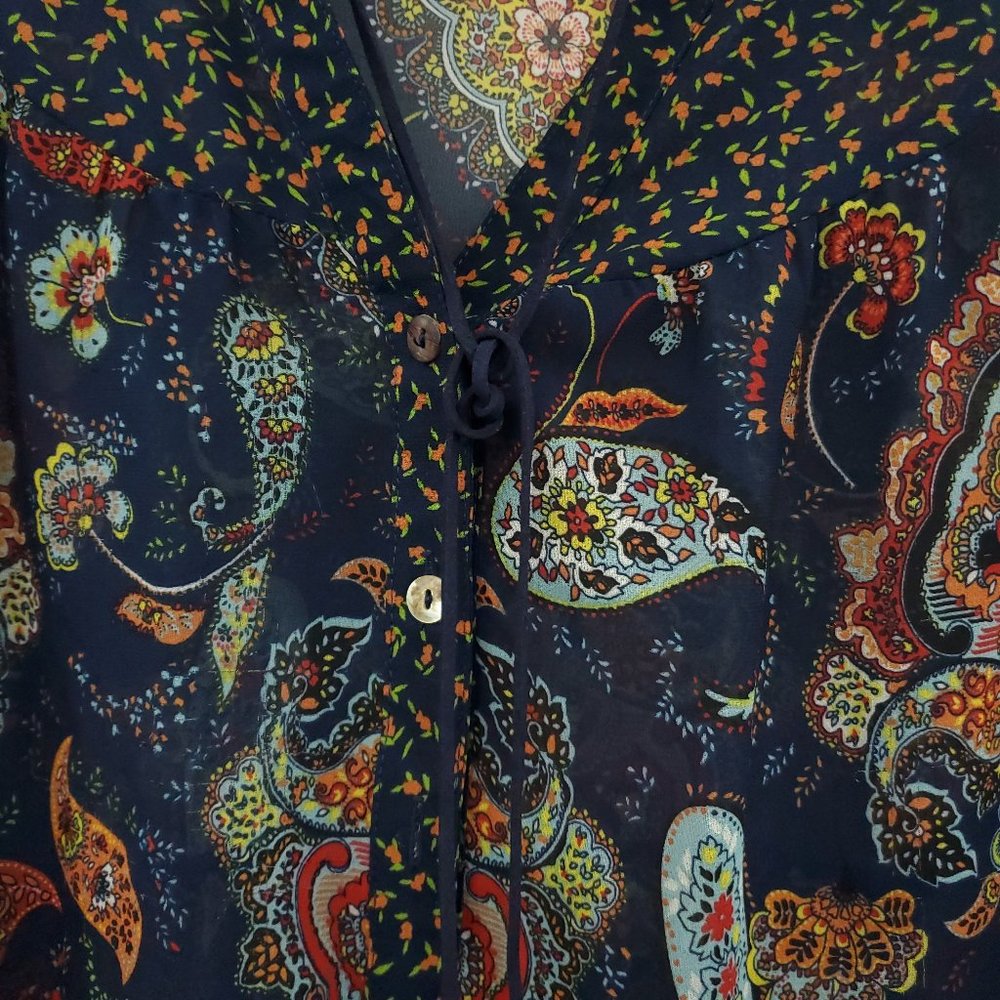DR2 Vivid Tassel V Neck Paisley Long Sleeve Blouse - Picture 7 of 12